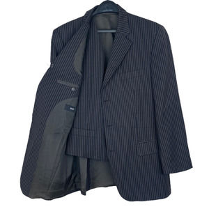Hugo Boss 42R 100% Wool Sport COAT + VEST Blazer Jacket Striped 3Button Black